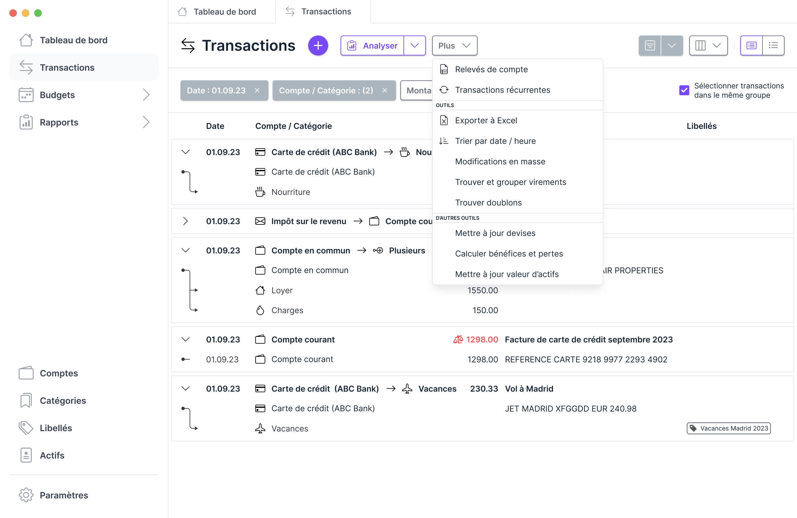 Vue des transactions